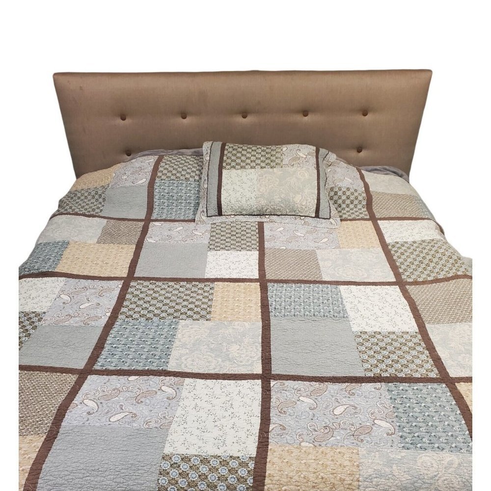 Paisley Quilt Coverlet Full Size Floral Mixed Prints Blue Brown 1 Sham Bedskirt